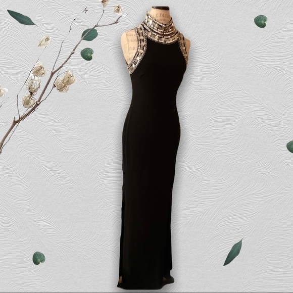 Aqua Black Mock Neck Beaded Sleeveless Gown Size 6 - Picture 15 of 16